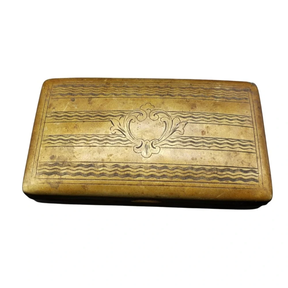 Antique ca 1900s Brass Metal Tobacco Snuff Box Engraved Wave Pattern Hinged Lid